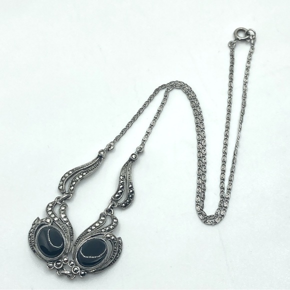 Art Deco Sterling Onyx & Marcasite Ornate Sterling Silver Chain Approx 16” - Picture 3 of 8